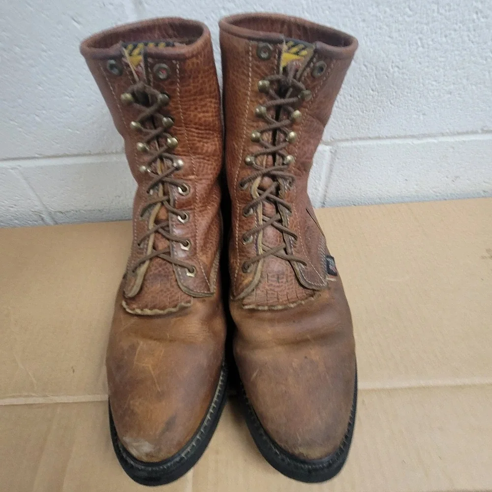 Justin Workboots Mens 10 EE Brown Leather Lace Up Double Comfort 762 USA Made